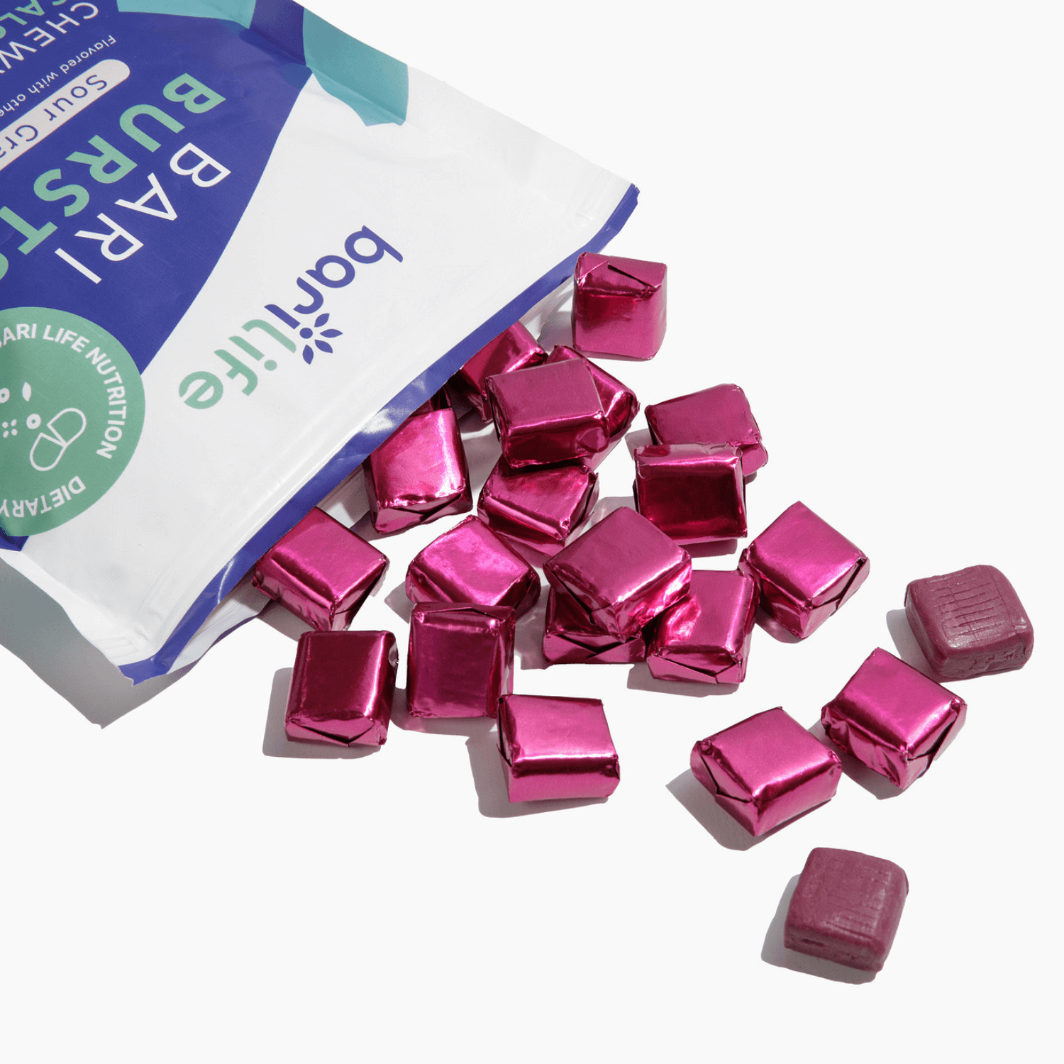 BariBurst bariatric calcium chews with D3 in pink wrappers, perfect for better absorption and taste.